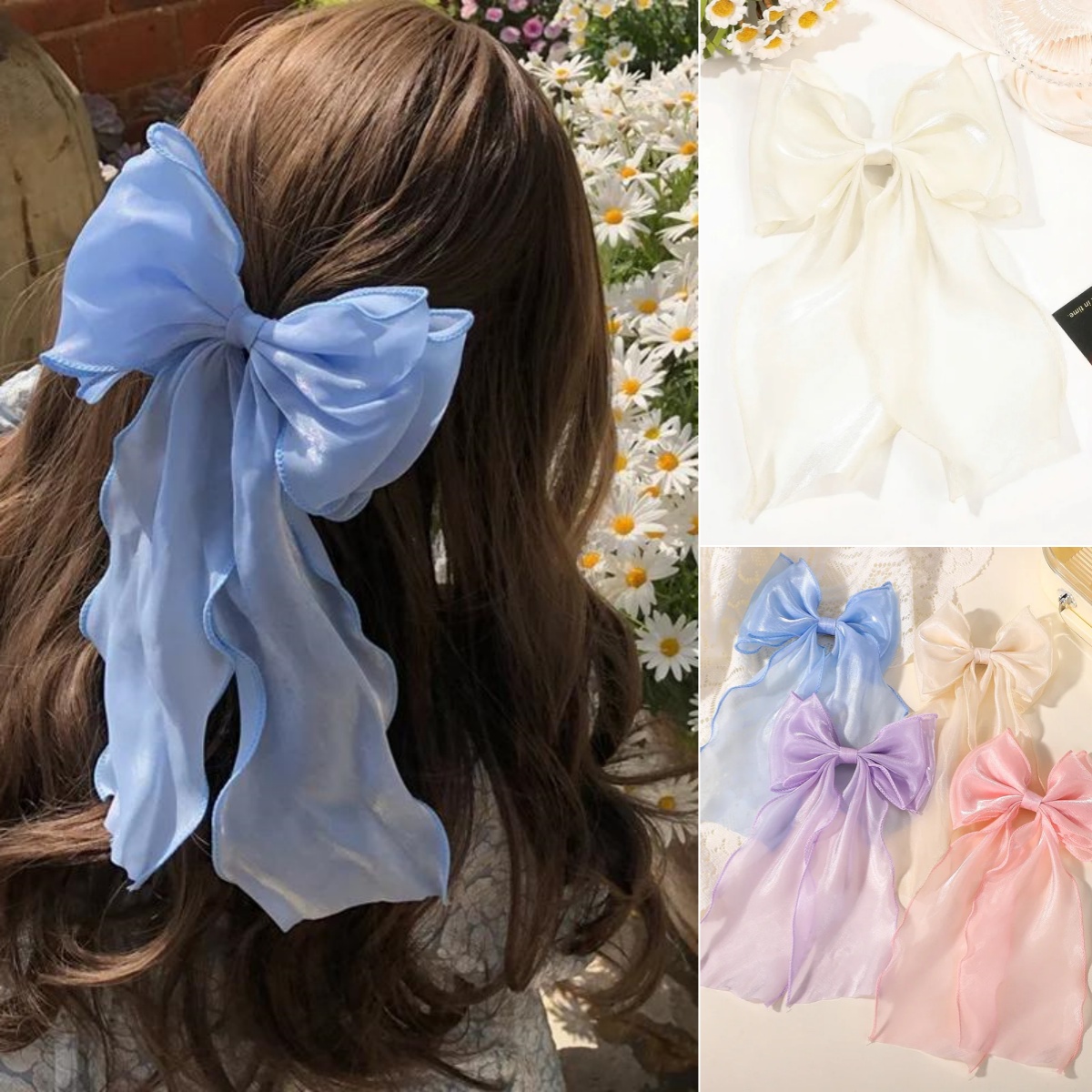 Ribbon Bow Gift - 新しい女性フレンチスタイル甘いピンクパープルシフォン弓リボンヘアクリップガールフレンド用ポニーテールクリップヘアアクセサリーギフト