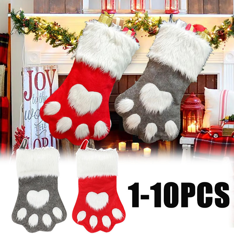 Christmas Stocking Hanging - 1/3/5/10個入り かわいい大容量 犬の足型 クリスマスストッキング 長い毛のぬいぐるみ ギフトバッグ