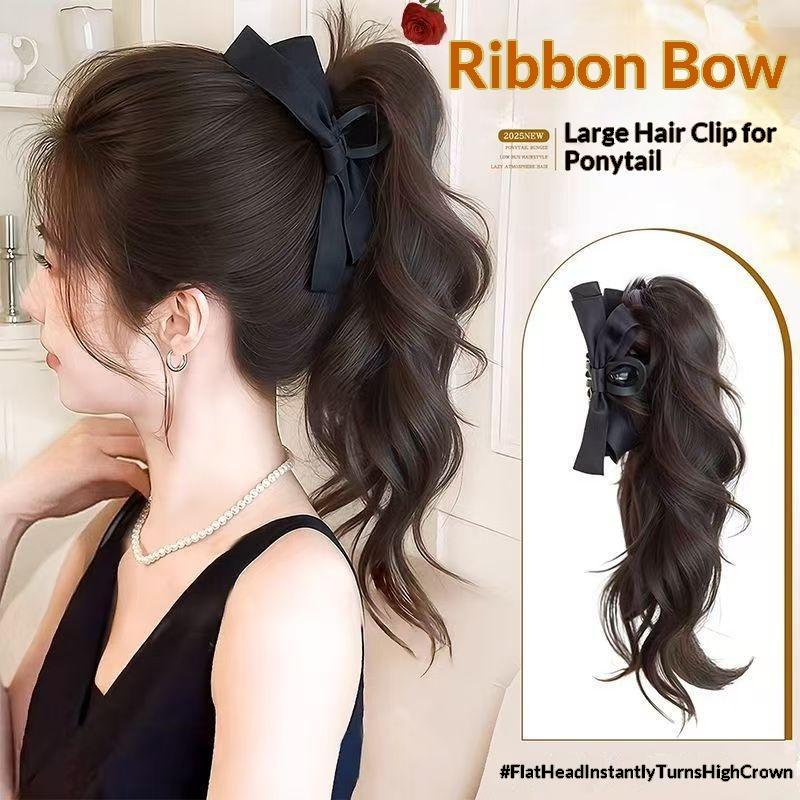 Ribbon Bow Gift - 14インチ蝶ネクタイ型クリップポニーテールウィッグ、合成ふわふわリボンクリップ、ナチュラルロングカールハイエクステンション、ギフト