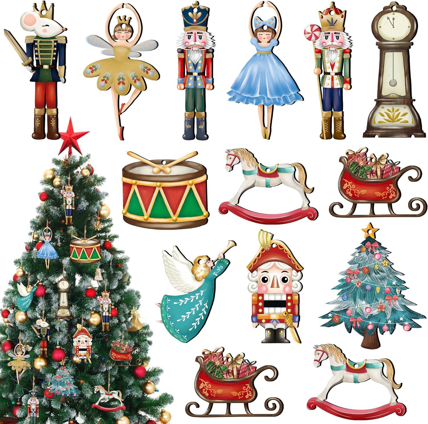 Nutcracker Figurine - 12 ピース/セット木製くるみ割り人形人形ペンダントクリスマスくるみ割り人形兵士ペンダントクリスマスツリーぶら下げ新年家の装飾