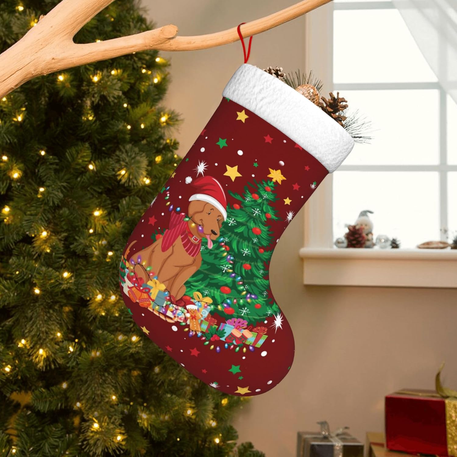 Christmas Stocking Hanging - クリスマス犬ライトデザイン 17.7インチ 暖炉吊り下げ式クリスマスストッキング 家族のホリデーパーティーデコレーション用