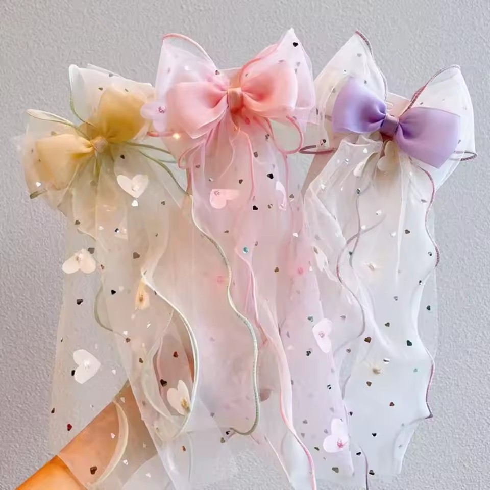 韓国妖精メッシュボウヘアクリップ子供プリンセスポニーテールリ - Ribbon Bow Gift のレビューと価格